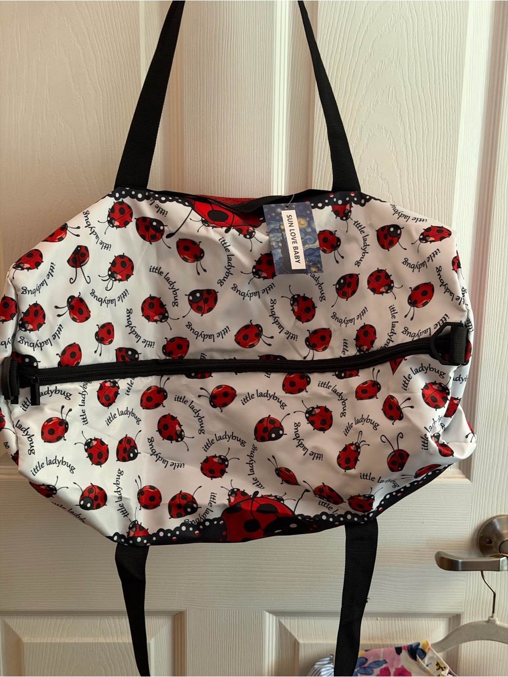 Little Ladybug Print Tote Bag in White & Red